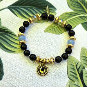 SALE!! Onyx, Opal and 14K Gold Filled Bracelet with Vintage Swarovski Crystal